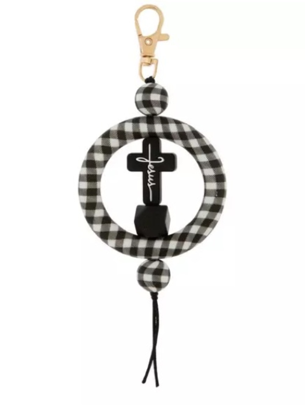 New Jesus Black & White Gingham Cross Circle Keychain Bag Charm